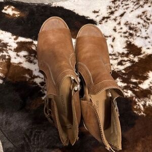 Brown open toe booties